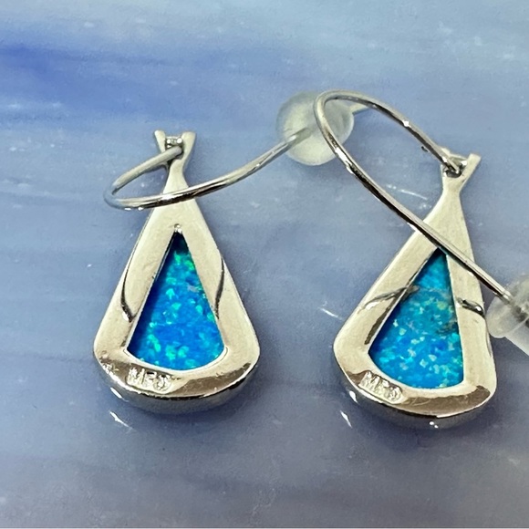 Sterling Silver Blue Opal Inlay Teardrop Dangle Earrings Blue Teardrop 4366 B - Picture 5 of 7